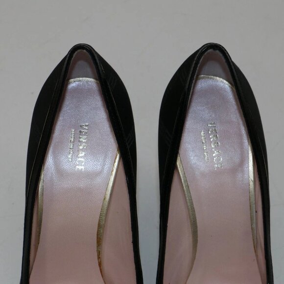 Versace Black/Gold Peep Toe Pumps Size 37.5/US 7.5 - Picture 6 of 10